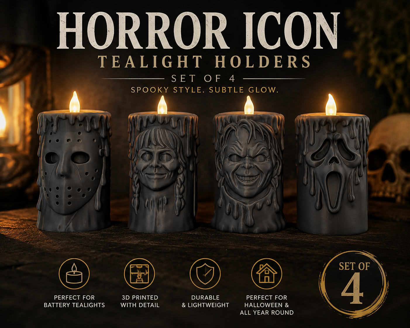 Horror Tealight Holders Set of 4  | Halloween Decor | Spooky Candle Holders | Horror Home Decor | LED Tealight Gift
